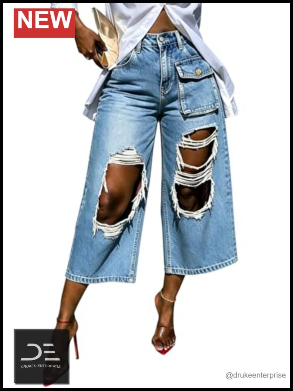 Ripped Cargo Jeans Baggy Wide Leg Destroyed Capri Denim Pants High Waist